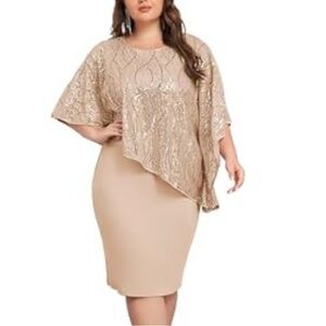 Elegant  beige/ champagne / gold Sequin Overlay cocktail Dress 2XL